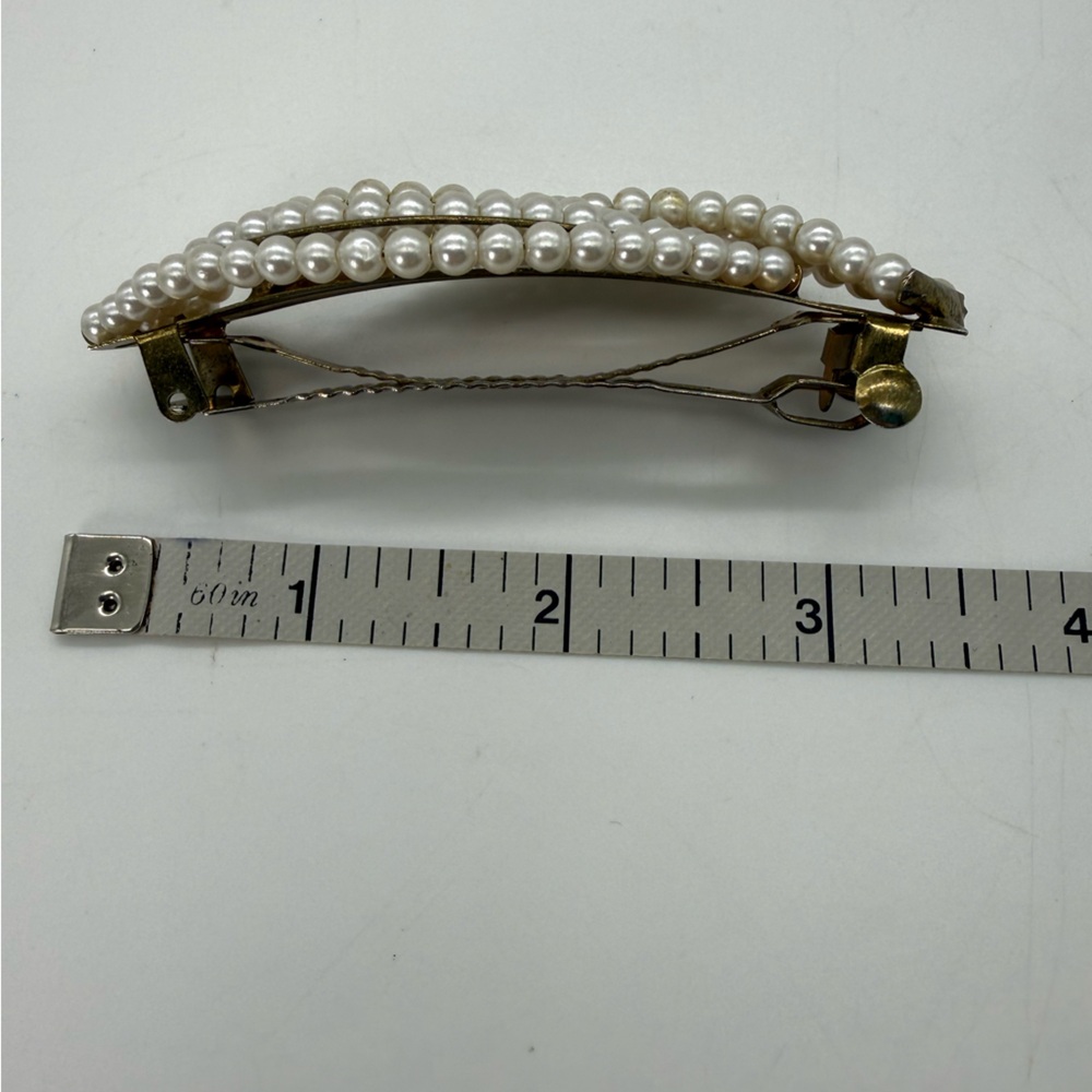 Vintage Classy Faux Pearl Large French Barrette Gold Tone Bridal Hair Clip Gift - Picture 4 of 8